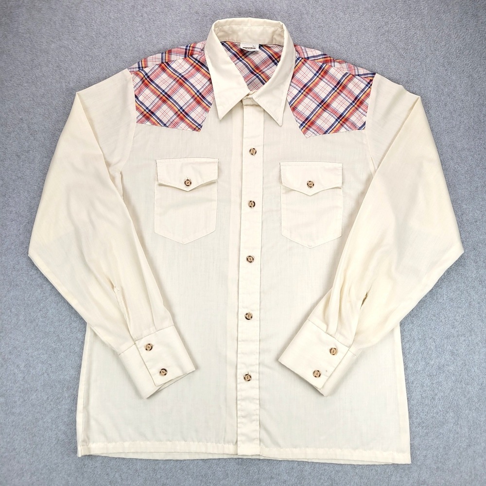 Montgomery Ward Western Shirt Mens L Cream Plaid Yoke Button Down 70s Vintage
